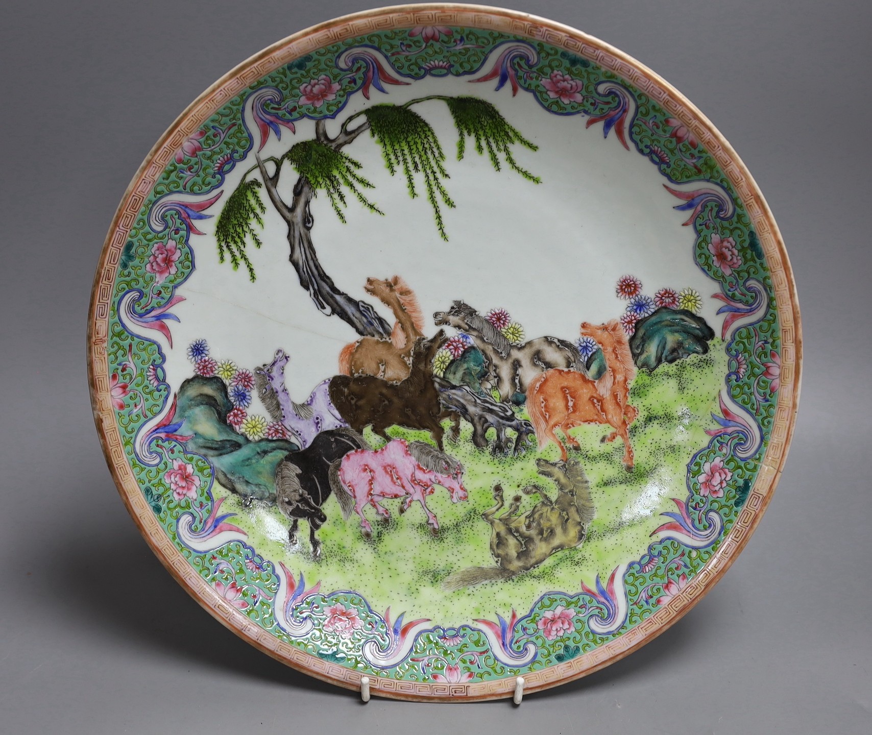 Two Chinese Republic period famille rose dishes, damaged, largest 33cm